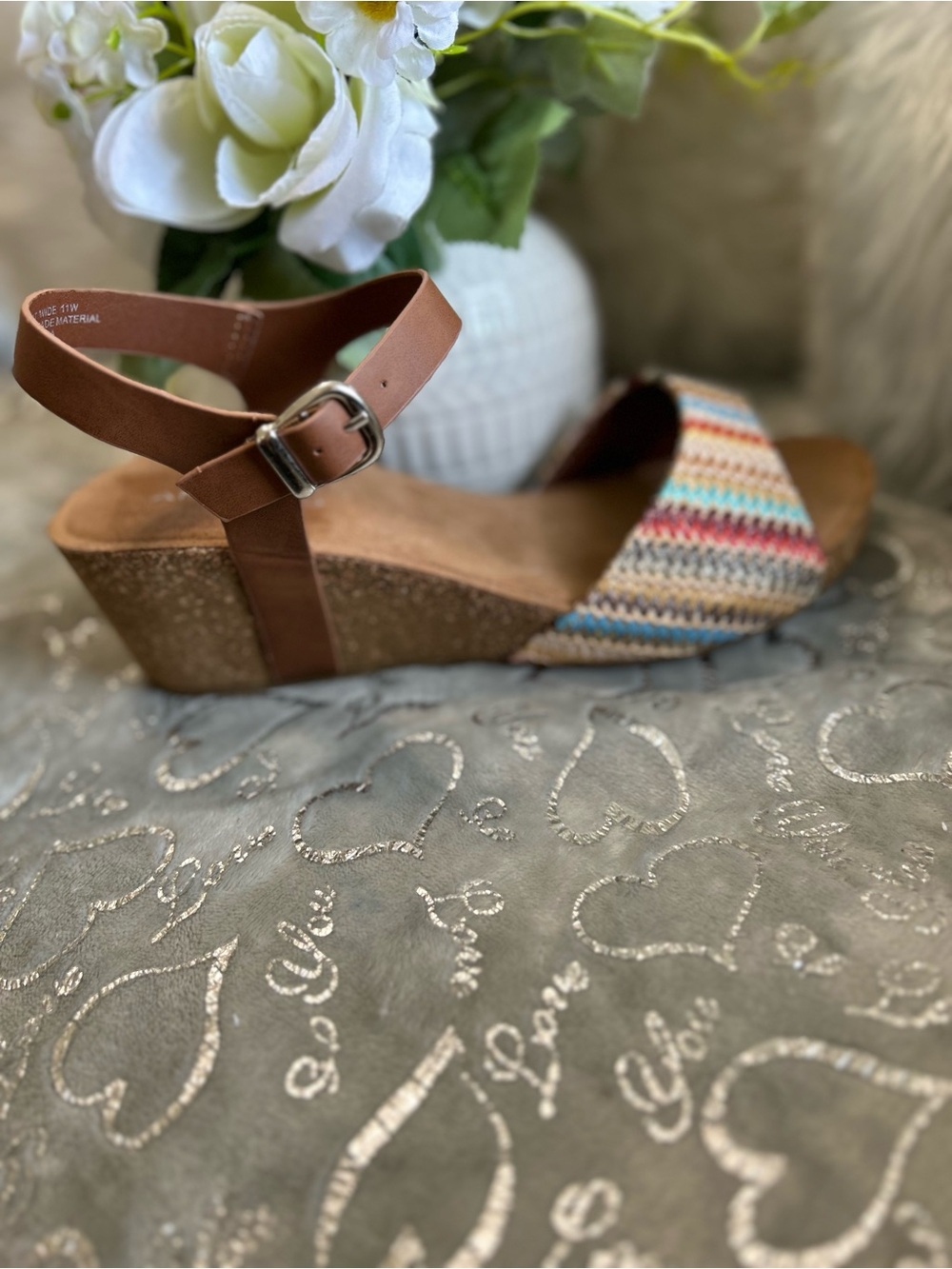 NEW Andiamo, Size 11W, Multicolor Woven Strap Tan Ankle Strap Sandals - Picture 3 of 5